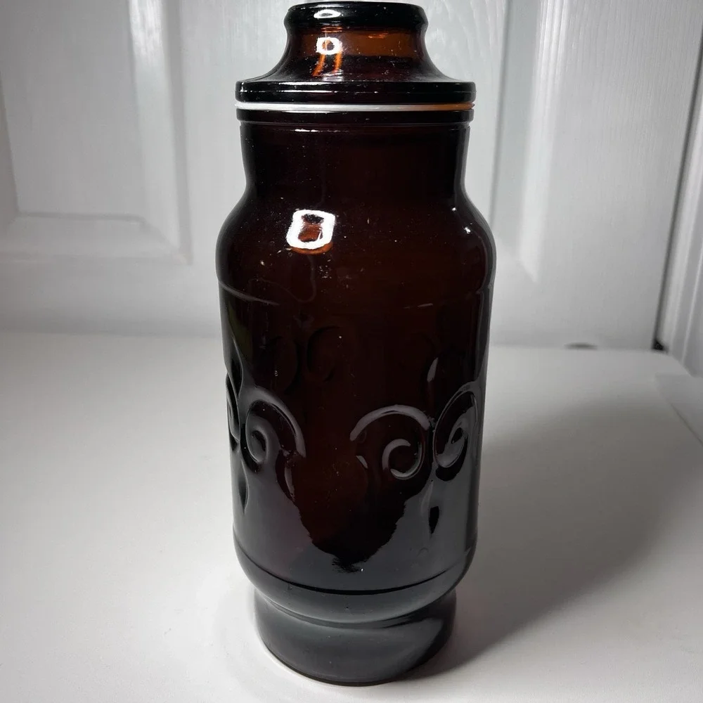 Vtg 1970's Borden Cremora Amber Glass Canister Apothecary‎ Jar Fleur Di Lis 9